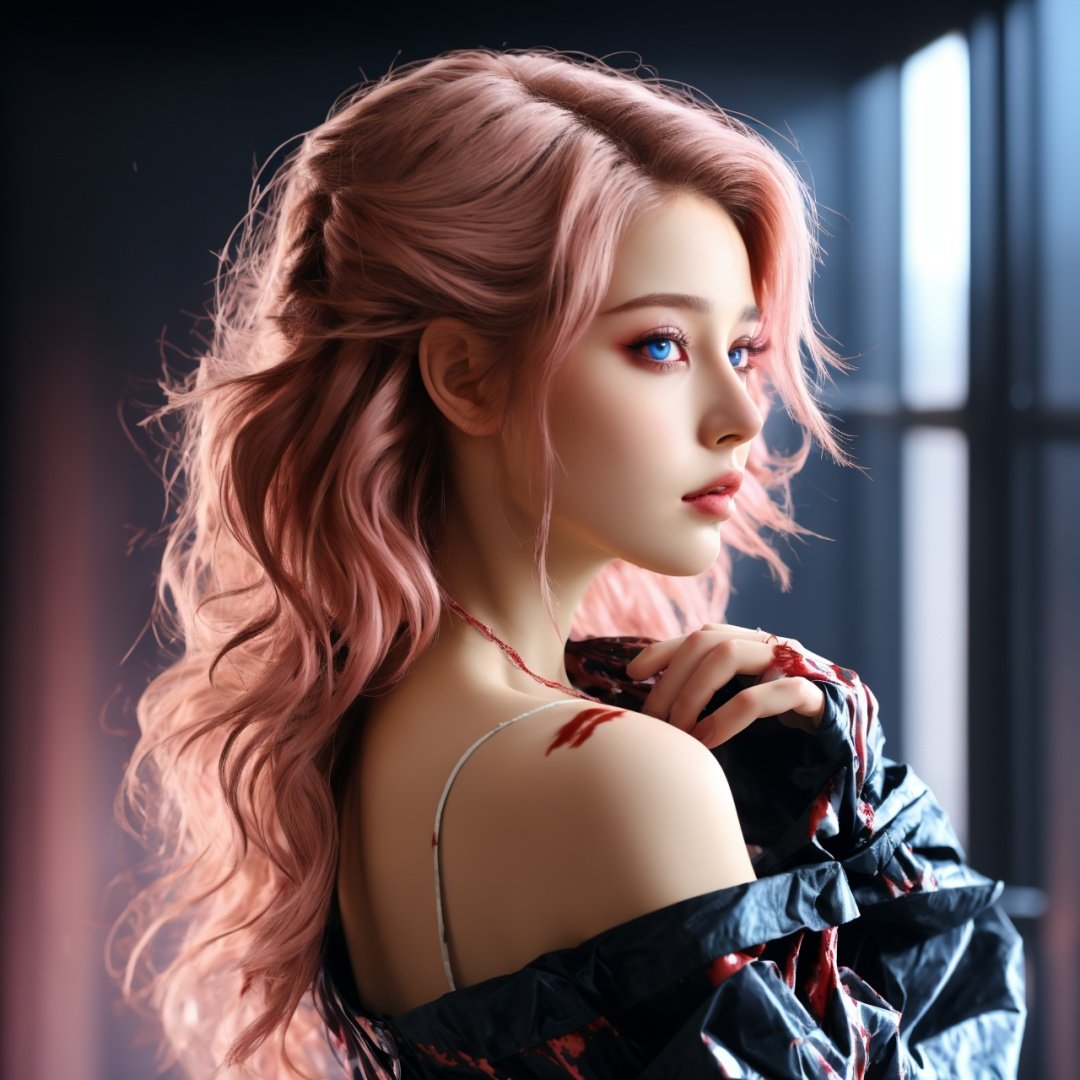 masterpiece, best quality, ultra high res, 1girl, (abstract art:1.4), bleeding color, visually stunning, beautiful, evocative, emotional, side view,colored sclera, brown eyes, ,light pink hair,Cyberpunk Fantasy