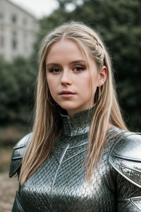 masterpiece, stunning  portrait photo of (ernm:1.0),  wearing dragon scale armor, (outdoors:1.2), bright lighting, high quality, film grain, Fujifilm XT3 <lora:ErinMoriartyDogu:1>