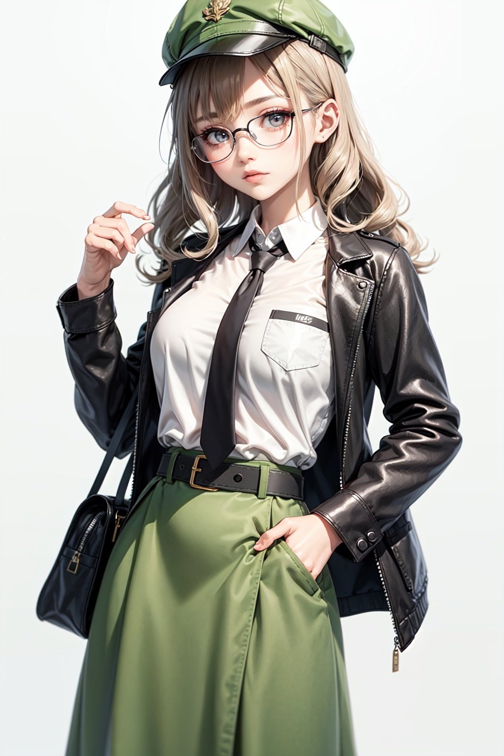  1girl, solo, green headwear, shirt, glasses, hat, white shirt, long hair, skirt, open clothes, belt, bag, long sleeves, simple background, long skirt, jacket, necktie, collared shirt, black necktie, round eyewear, closed mouth, looking at viewer, hand up, brown eyes, white background, grey hair, black-framed eyewear, holding, pocket, open jacket, green jacket, standing, buckle, shoulder bag, belt buckle, wing collar, black belt, shirt tucked in, bangs, breast pocket, green skirt, wavy hair, feet out of frame, blush, high-waist skirt, buttons, name tag, character name