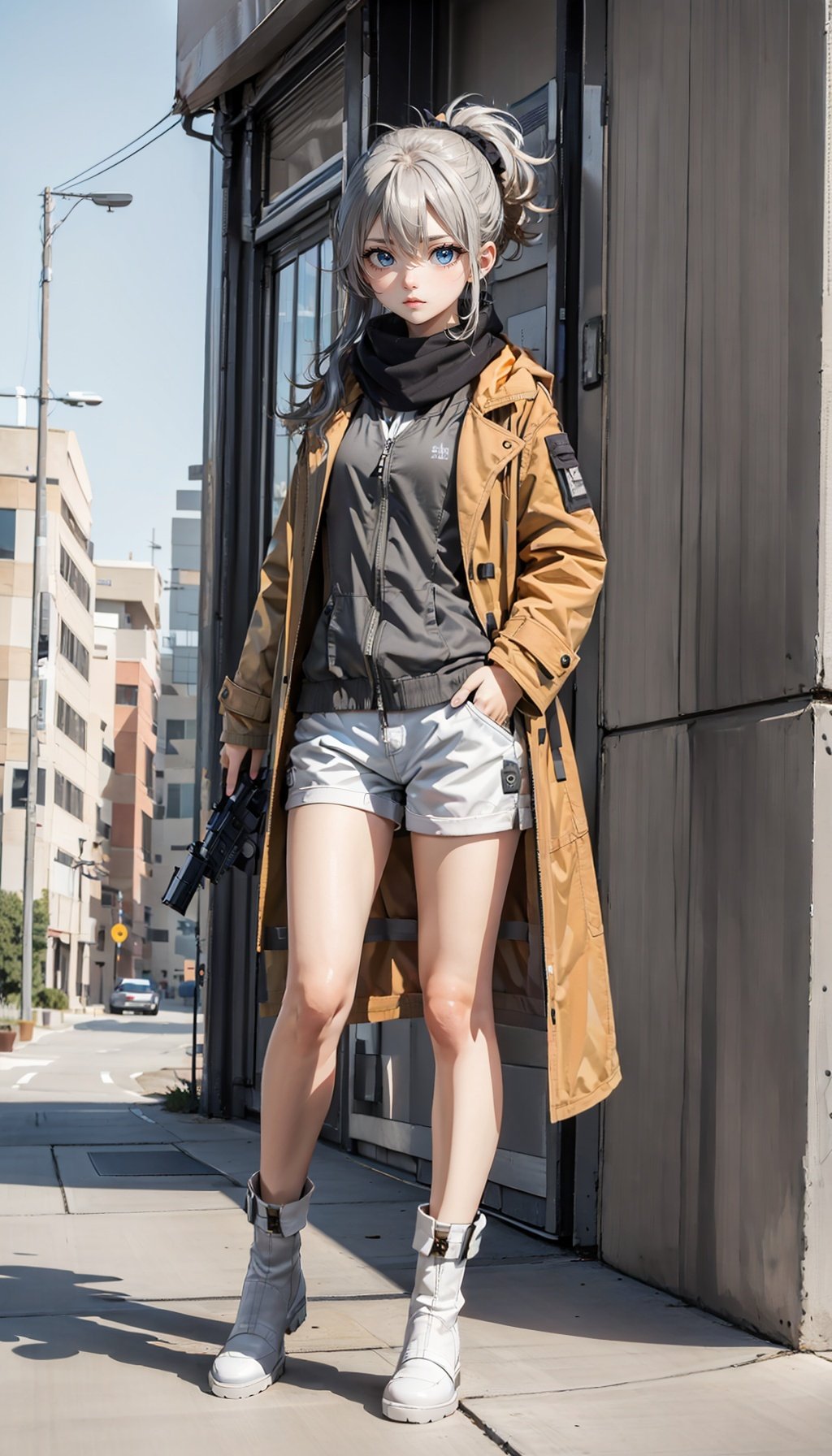 [white background],1girl, grey hair, messy hair,low ponytail,blue eyes,emotionless,full_body,((orange coat,open coat,white shirt)), zipper, ((white shorts)), ((black boots)), ((grey scarf)),(2D:1.3),(flat:1.3),distant shot,wide shot,(***ding gun:1.1),gun