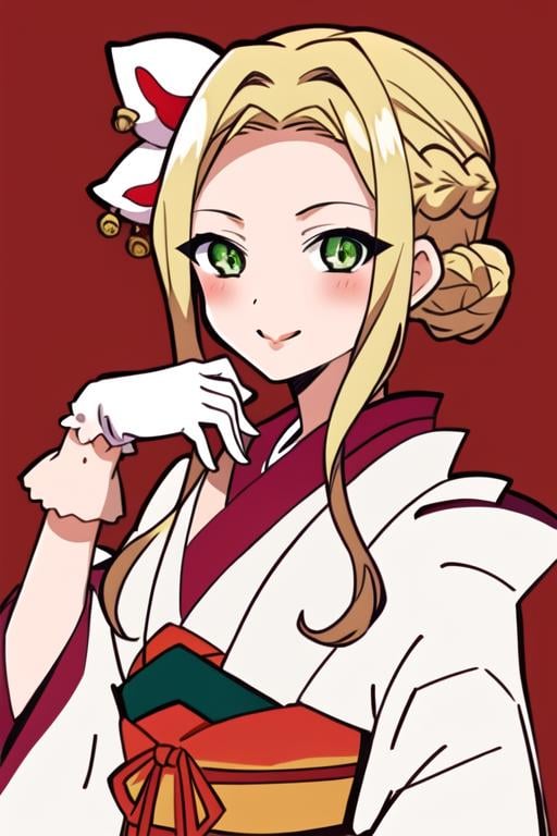 <lora:Yako_jshk:0.7> masterpiece, best quality, 1girl, solo, looking at viewer, blush, smile, blonde hair, hair ornament, gloves, animal ears, green eyes, sidelocks, japanese clothes, white gloves, kimono, sash, makeup, obi, lipstick, red background