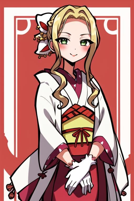 <lora:Yako_jshk:0.7> masterpiece, best quality, 1girl, solo, looking at viewer, blush, smile, blonde hair, hair ornament, gloves, animal ears, green eyes, sidelocks, japanese clothes, white gloves, kimono, sash, makeup, obi, lipstick, red background