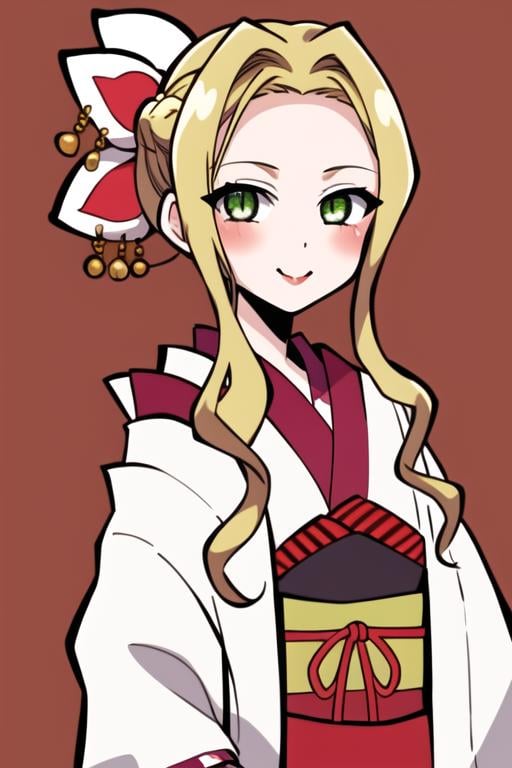 <lora:Yako_jshk:0.7> masterpiece, best quality, 1girl, solo, looking at viewer, blush, smile, blonde hair, hair ornament, gloves, animal ears, green eyes, sidelocks, japanese clothes, white gloves, kimono, sash, makeup, obi, lipstick, red background