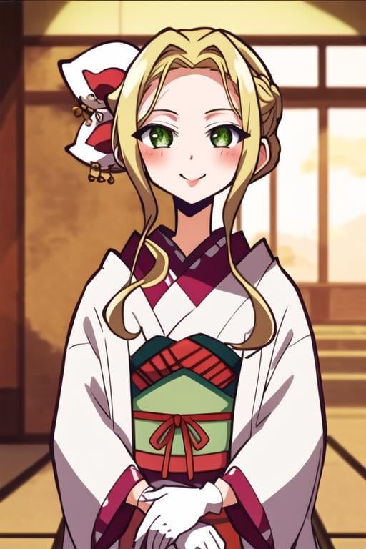 <lora:Yako_jshk:0.7> masterpiece, best quality, 1girl, solo, looking at viewer, blush, smile, blonde hair, hair ornament, gloves, animal ears, green eyes, sidelocks, japanese clothes, white gloves, kimono, sash, makeup, obi, lipstick, indoors, 