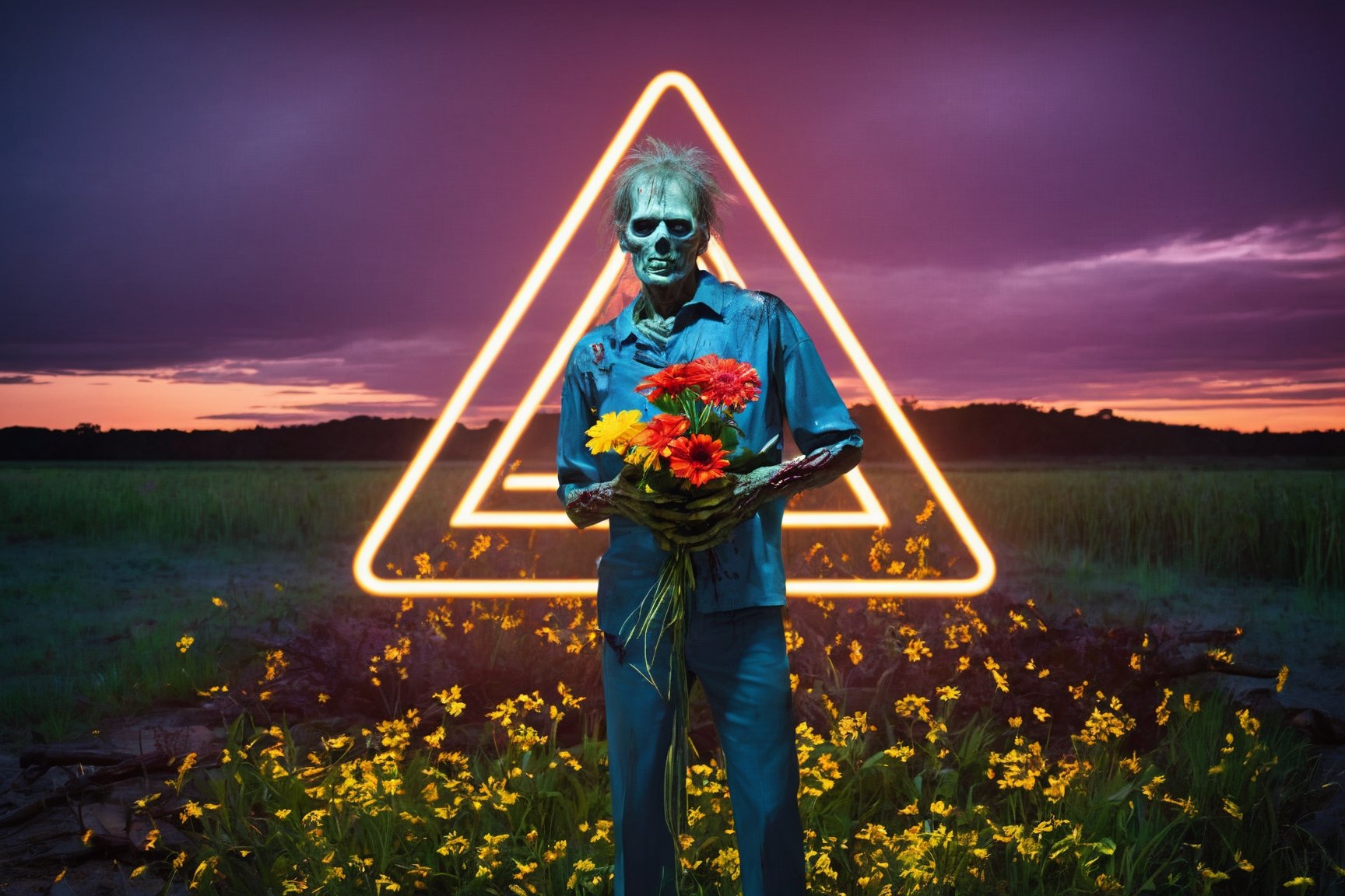 1 man, zombie, night, night light, nature, creepy, masterpiece, best quality, flowers, square neon, look at viewer, 