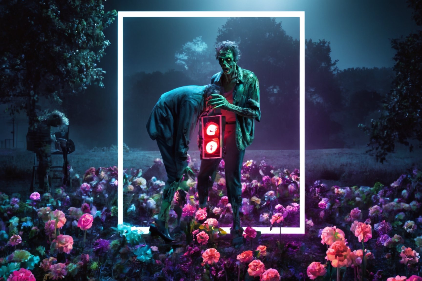 1 man, zombie, night, night light, nature, creepy, masterpiece, best quality, flowers, square neon, look at viewer, 