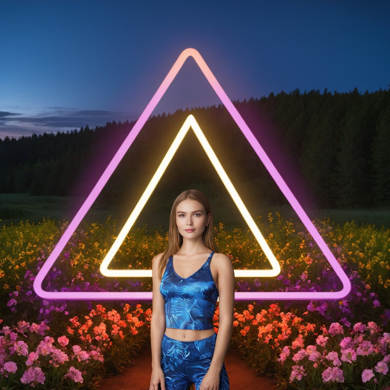 1 girl, night, night light, nature, masterpiece, best quality, flowers, triangle neon, look at viewer, 