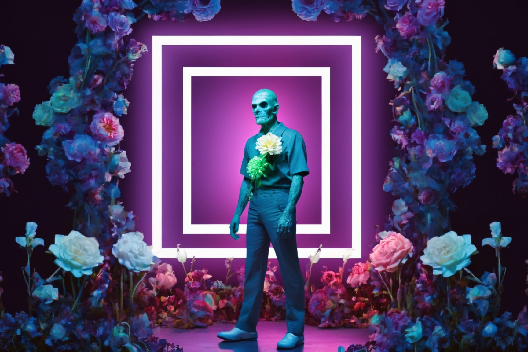 1 man, zombie, night, night light, nature, creepy, masterpiece, best quality, flowers, square neon, look at viewer, 