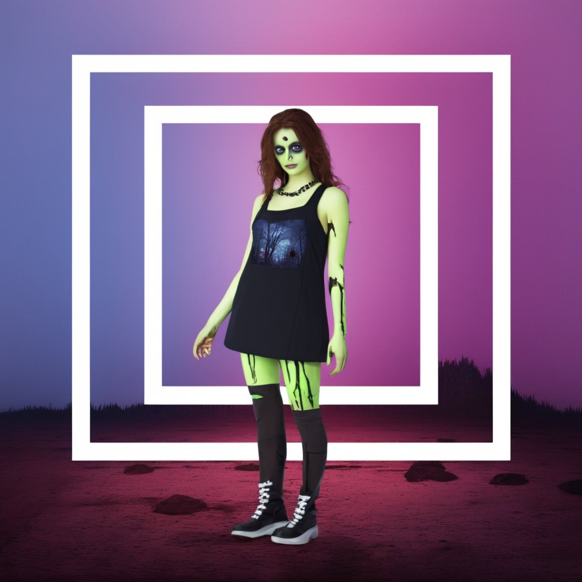 1 girl, zombie background, creepy style, nature, masterpiece, best quality, Square neon, look at viewer, night landscape,