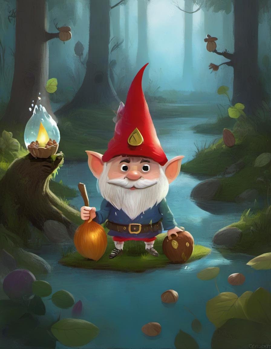 r4y, flatee, shadee, character, a gnome holding an acorn in a fantasy dreamland, forest, water, surreal,  <lora:DIGIXL_0.1_RC:0.9>