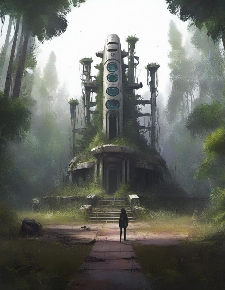 r4y, flatee, shadee, character, a futuristic temple made of metal ruin in the middle of a forest, overgrown, abandoned, destroyed <lora:DIGIXL_0.1_RC:0.9>