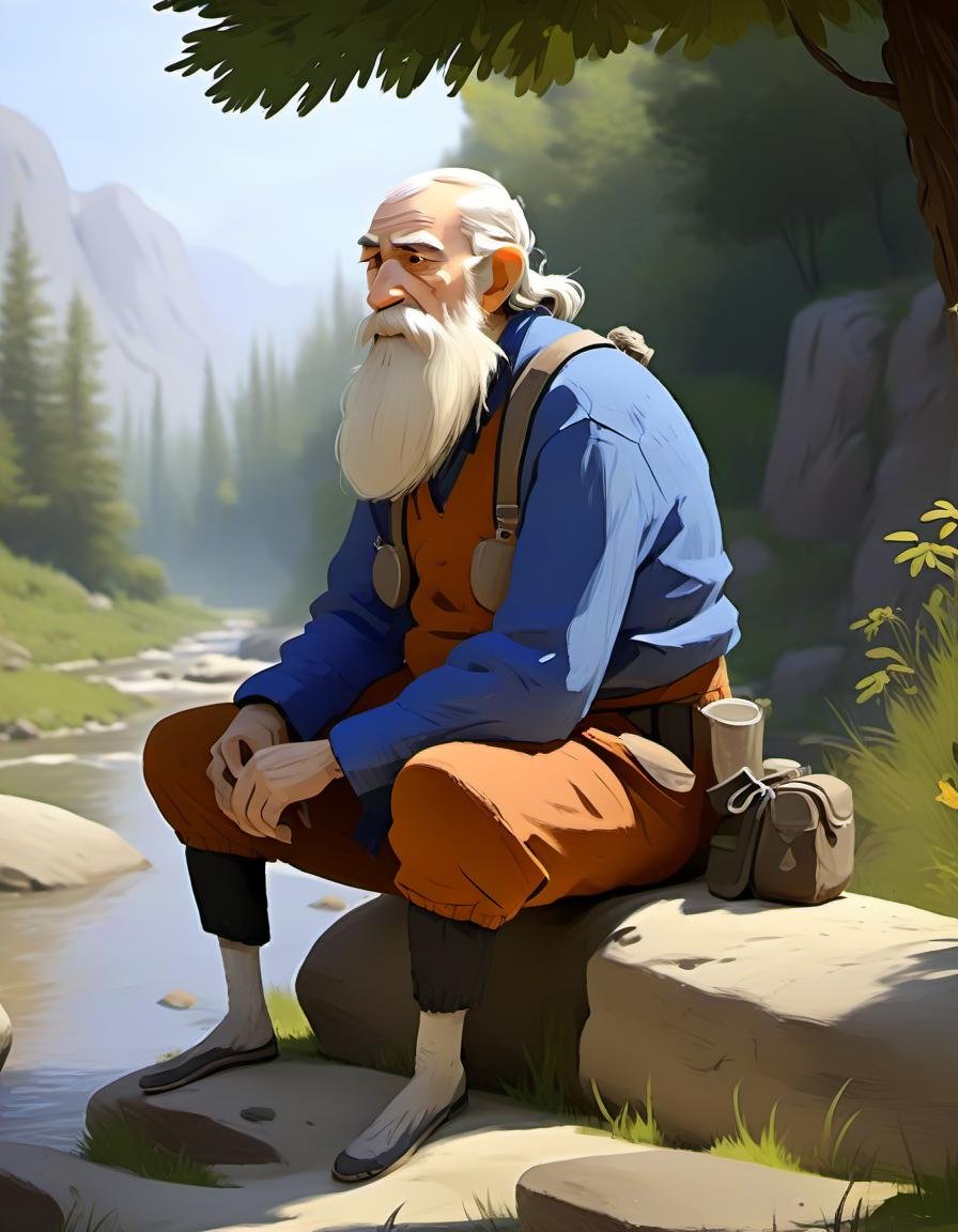 r4y, flatee, shadee, character, an old fisherman near a river, long white beard, sitting on a rock, view from behind <lora:DIGIXL_0.1_RC:0.8>