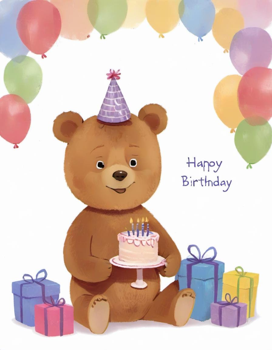 r4y, flatee, shadee, character, a cute happy teddy bear giving a present, sweet, birthday cake card, with a text that says happy birthday, party hat, smile <lora:DIGIXL_0.1_RC:0.9>