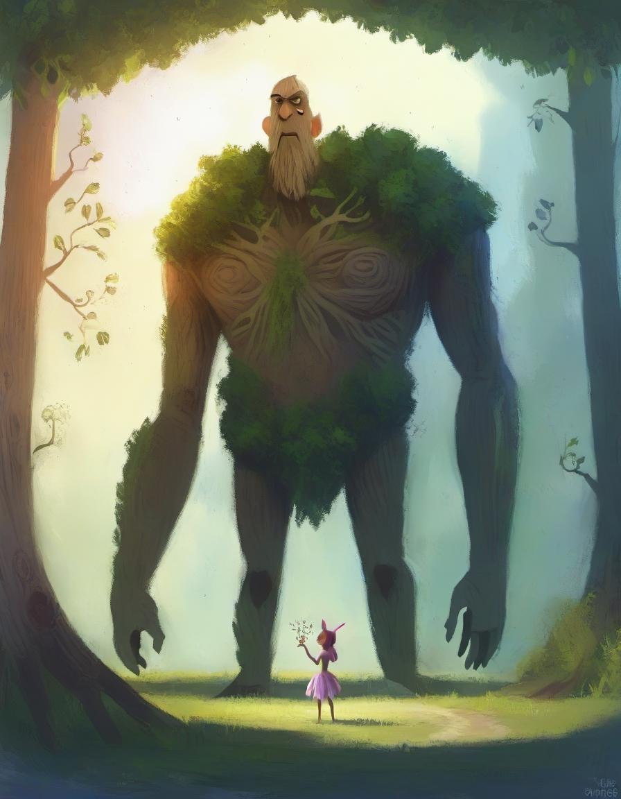 r4y, flatee, shadee, character, a giant humanoid tree with arms and legs talking with a fairy, fantasy <lora:DIGIXL_0.1_RC:0.9>