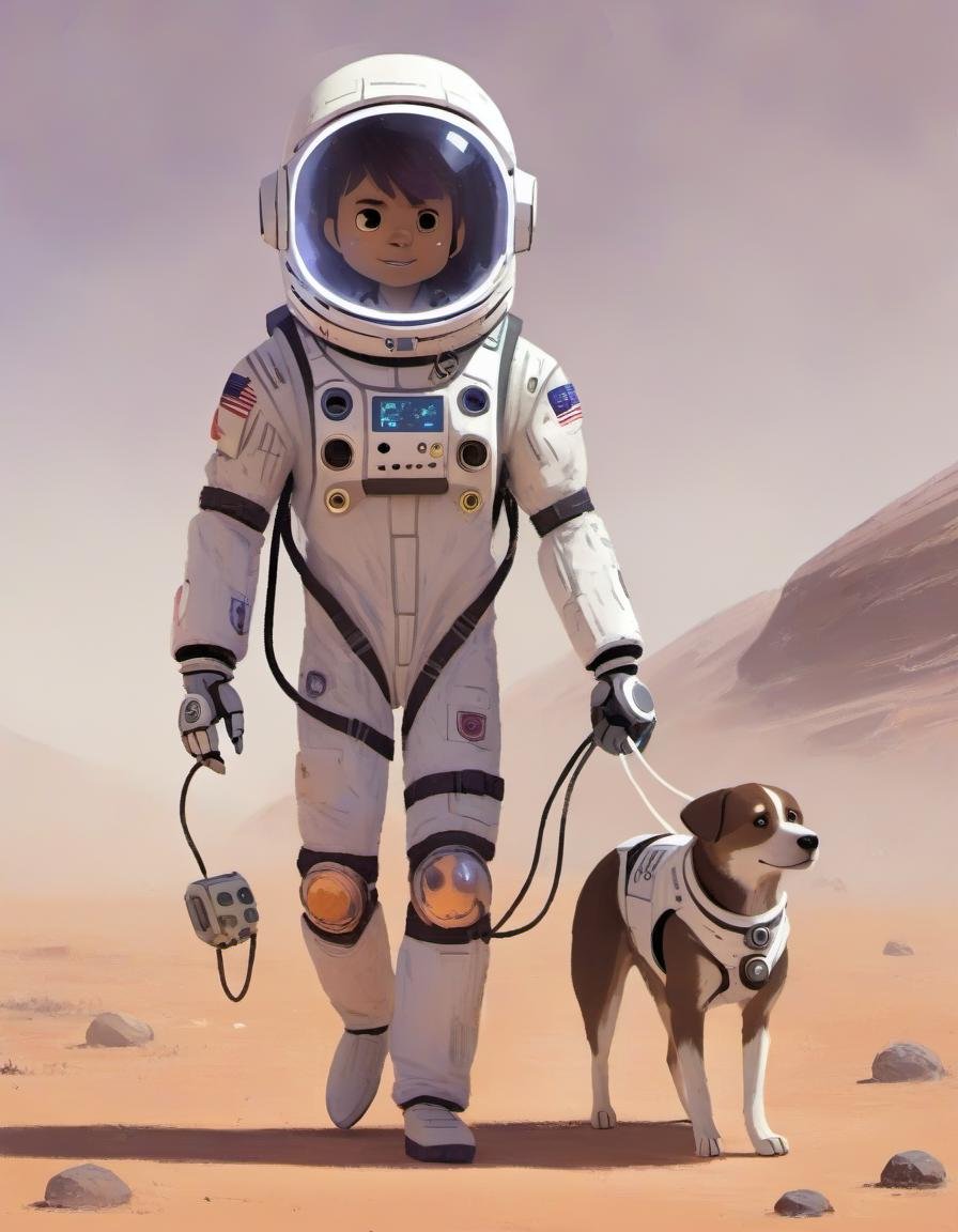 r4y, flatee, shadee, character, a space kid, mars, barren planet, futuristic, walking a dog robot in a space suit <lora:DIGIXL_0.1_RC:0.7>