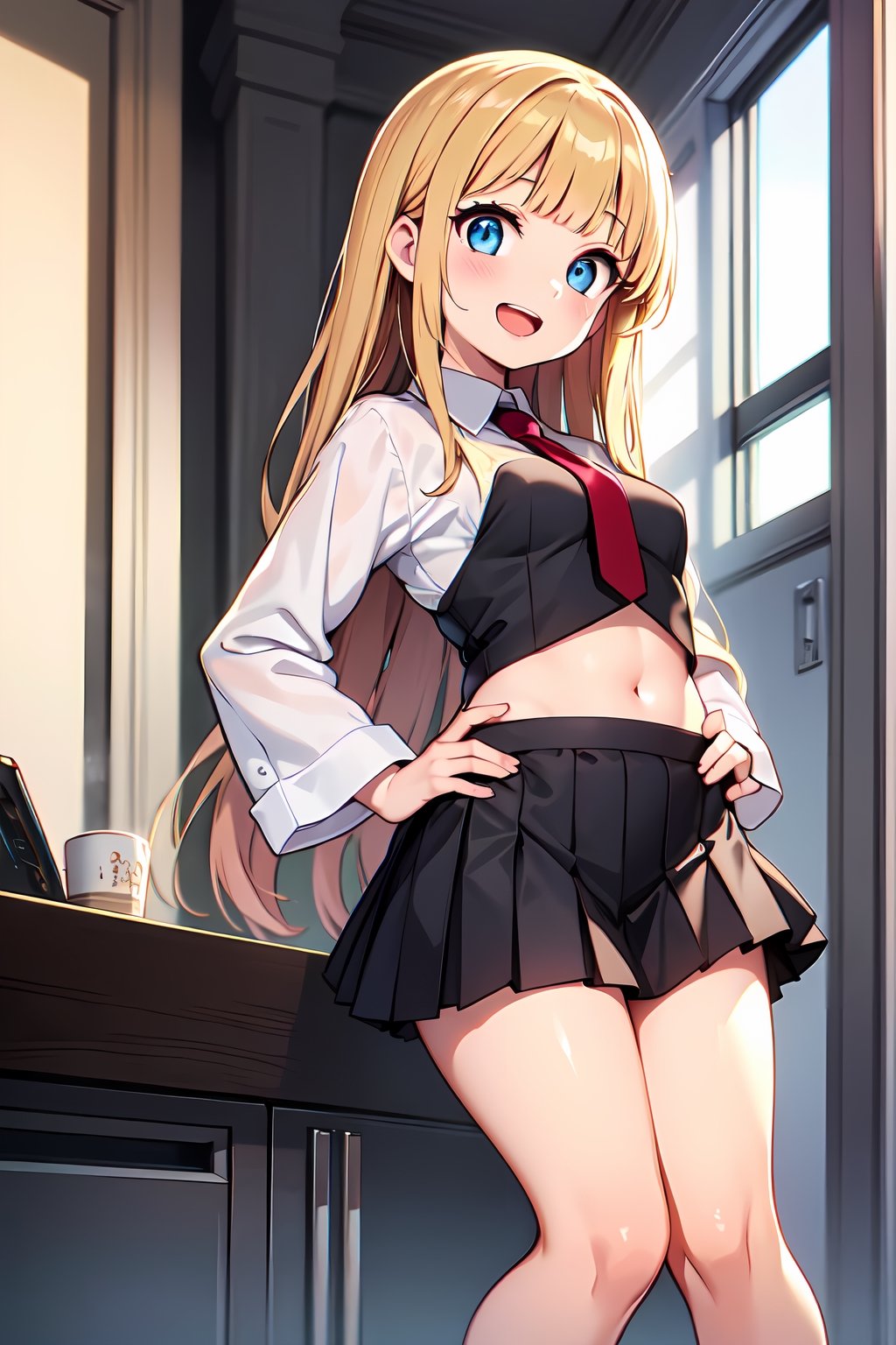 (absurdres,  highres,  ultra detailed,  high resolution: 1.1),
BREAK
little girl, huge thighs, 1girl, solo, small breasts, happy smile, open mouth,
BREAK
Caucasian skin, blunt bangs, wavy long hair, sideburns, blond hair, blue eyes,
BREAK
very short pleated miniskirt,
BREAK
hand on hip, day, V-sign,
BREAK
nice hands, perfect hands,