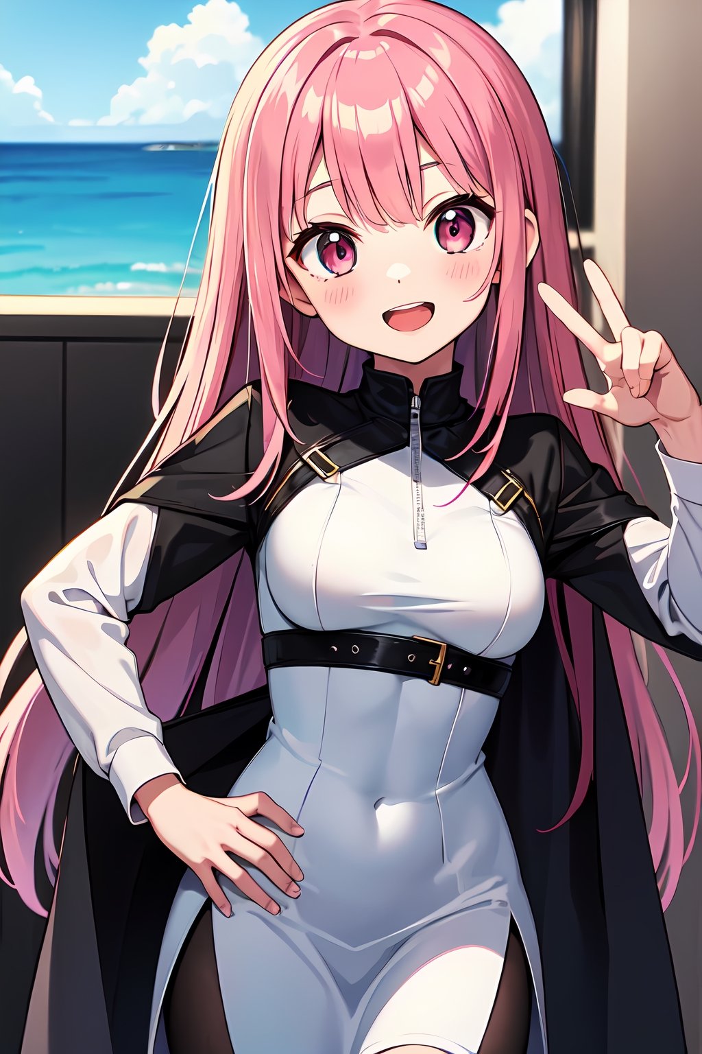 (absurdres,  highres,  ultra detailed,  high resolution: 1.1),
BREAK
1girl, solo, medium breasts, smile, blush, open mouth,
BREAK
pink hair, pink eyes,
BREAK
hand on hip, peace sign, blue sky,
BREAK
nice hands, perfect hands,