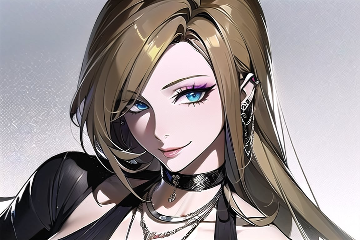 1girl,mature_female,(masterpiece,detailed background,best quality),long and shiny hair,jewellery,eyeliner,make-up,chains,smirk,ptn,game background,illustration,official_art