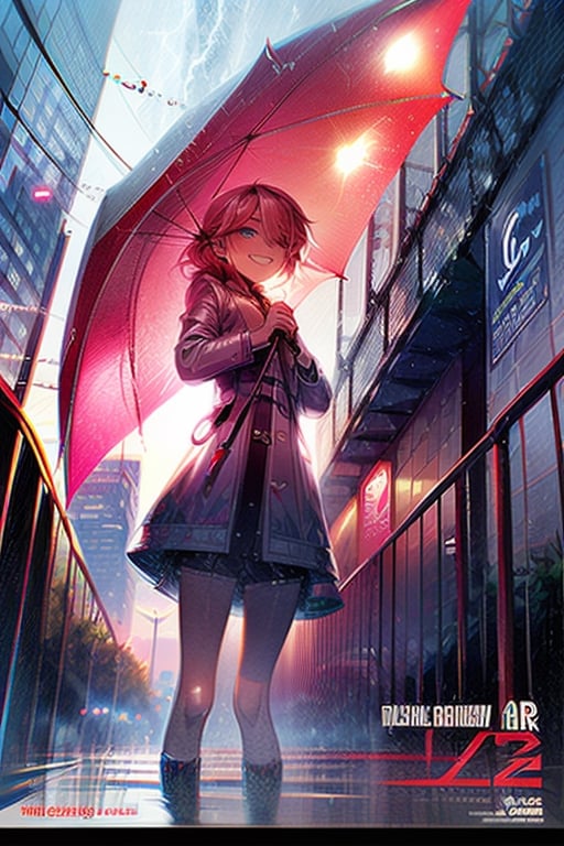 ,movie poster,1girl,mature_female,(masterpiece,detailed background,best quality),long and shiny hair,pink_hair,raincoat,thunderstorm,rainy city,kawacy,line art,illustration,smirk,girl singing a song and holding a guitar