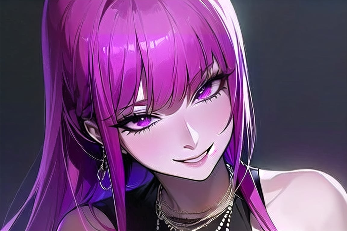 1girl,mature_female,(masterpiece,detailed background,best quality),long and shiny hair,jewellery,eyeliner,make-up,chains,smirk,ptn,game background,illustration,official_art,Neon Light