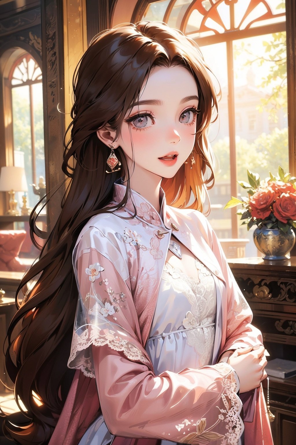 (masterpiece, the best, quality, refined character),
A beautiful woman, wearing a small pink fragrant dress, (delicate lace), a delicate fair face, wide eyes, blushing
solo
Smile, open your mouth, expose your upper body in front,
Walk forward, in the luxury villa living room, morning