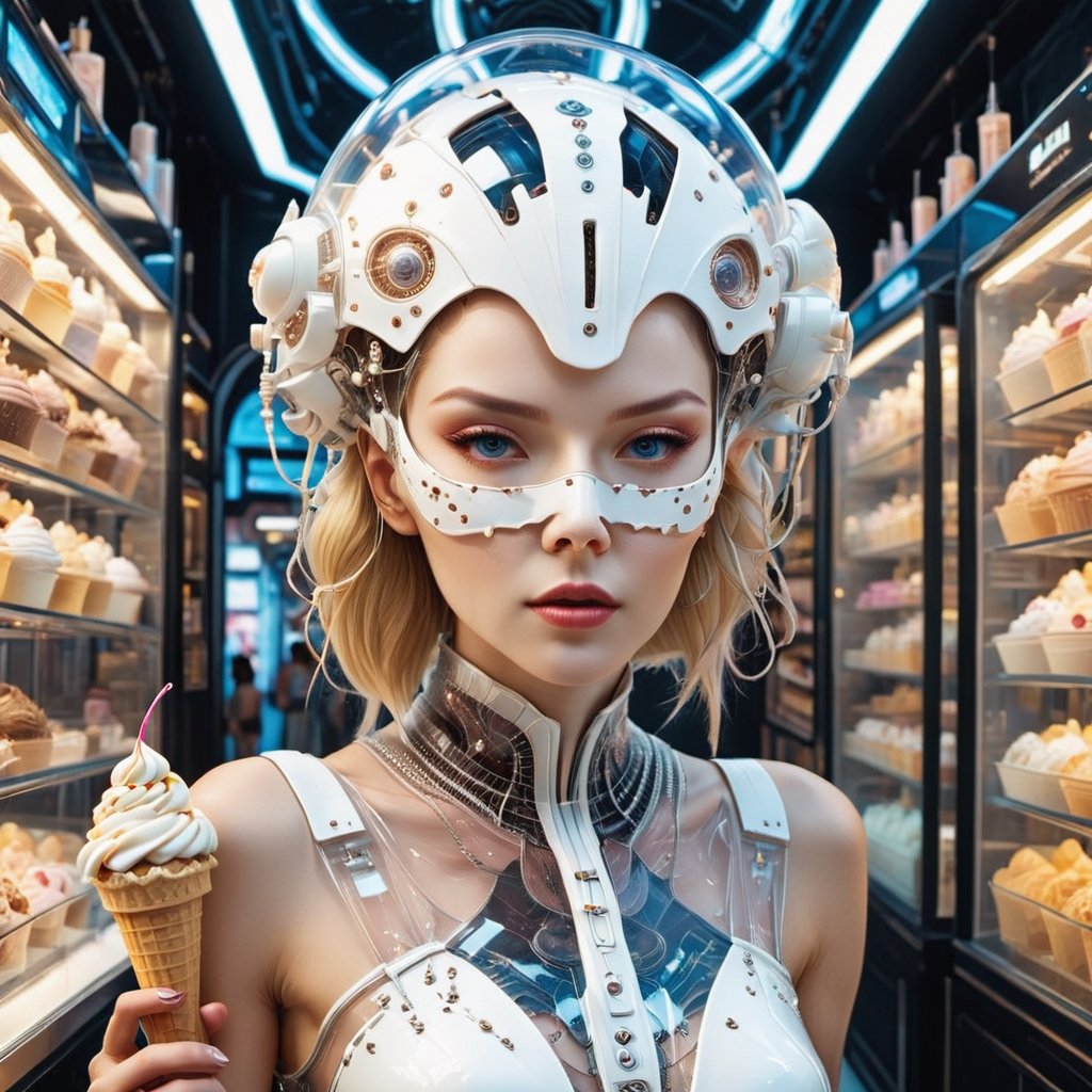 ((wearing a detailed Transparent glass flareminidress filled with detailed ice cream 
inside, Clear glass woman head filled with ice cream, Wearing a hyperdetailed Cyberpunk white mask, breasts covered, detailed headstop)), A detailed beautiful Transparent glass Woman filled with detailed Ice Cream working in a detailed cyberpunk ice cream store serving customers, FilmGirl,detailmaster2,WEARING HAUTE_COUTURE DESIGNER DRESS,HAUTE_COUTURE,flareminidress,cyborg style