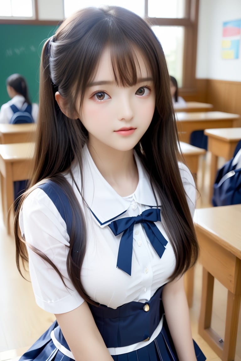 1girl,solo,Best quality,masterpiece,realistic,real,beautiful perfect face,long_hair,huge bust,huge filesize,weak light,look at the audience,<lora:aki-000002_2:1.2>,full_body,school uniform,