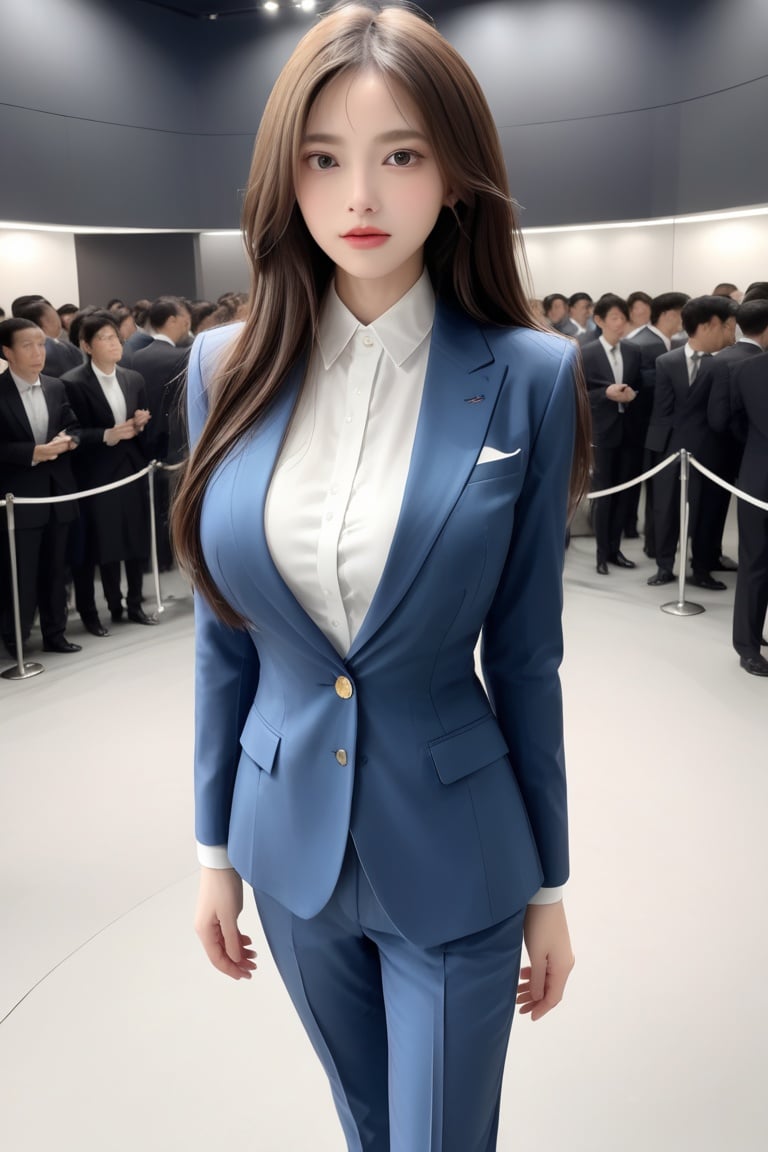 1girl,solo,Best quality,masterpiece,realistic,real,beautiful perfect face,long_hair,huge bust,huge filesize,weak light,look at the audience,full_body,suit,<lora:美女2123:1>,