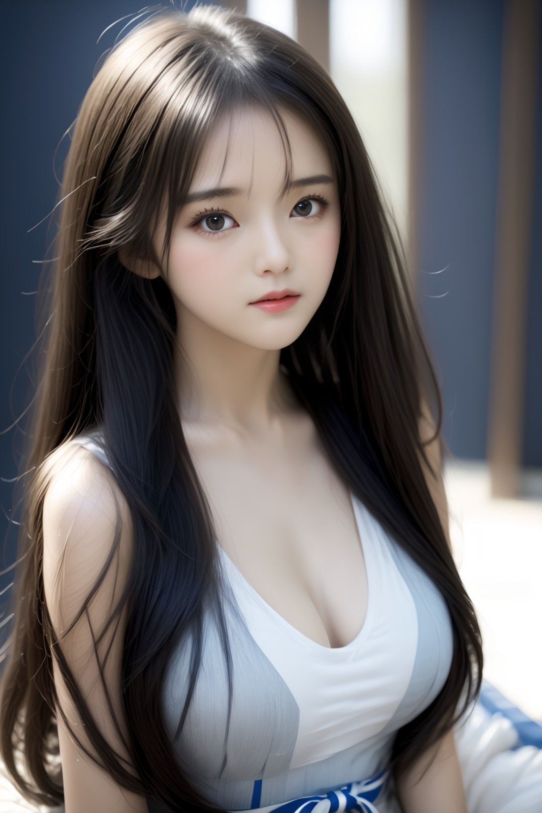 1girl,solo,Best quality,masterpiece,realistic,real,beautiful perfect face,long_hair,huge bust,huge filesize,weak light,look at the audience,untied,<lora:aki-000002_2:1.2>,