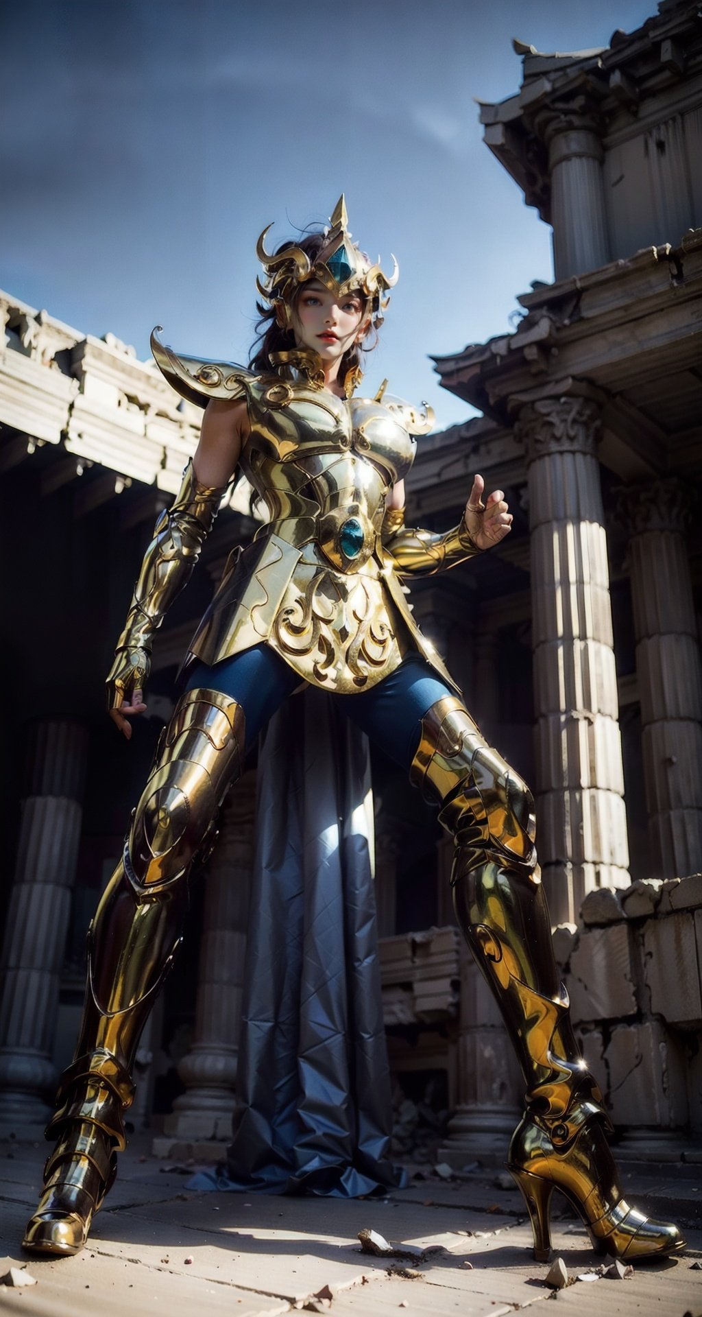 masterpiece, best quality, full body, 1girl wearing Armor, ((qiaoxin)), leoarmor, golden armor, helmet, looking at viewer, in a desert, , black hair, hair hair pulled back, no bangs, forehead, serious, parted lips, greek temple ruins in the desert, (wide shot), upper upper teeth, , Leoarmor, <lora:EMS-14488-EMS:0.800000>, , <lora:EMS-32356-EMS:0.400000>, , <lora:EMS-54753-EMS:0.800000>, , <lora:EMS-26397-EMS:0.800000>