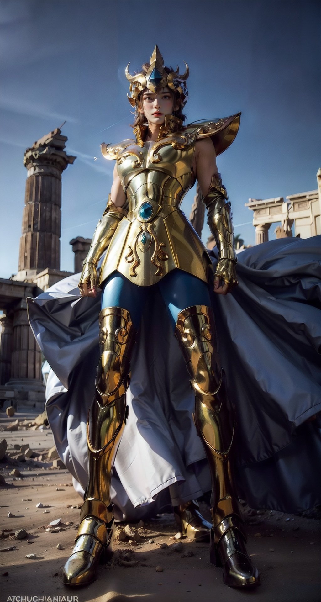 masterpiece, best quality, full body, 1girl wearing Armor, ((qiaoxin)), leoarmor, golden armor, helmet, looking at viewer, in a desert, , black hair, hair hair pulled back, no bangs, forehead, serious, parted lips, greek temple ruins in the desert, (wide shot), upper upper teeth, , Leoarmor, <lora:EMS-14488-EMS:0.800000>, , <lora:EMS-32356-EMS:0.400000>, , <lora:EMS-54753-EMS:0.800000>, , <lora:EMS-26397-EMS:0.800000>