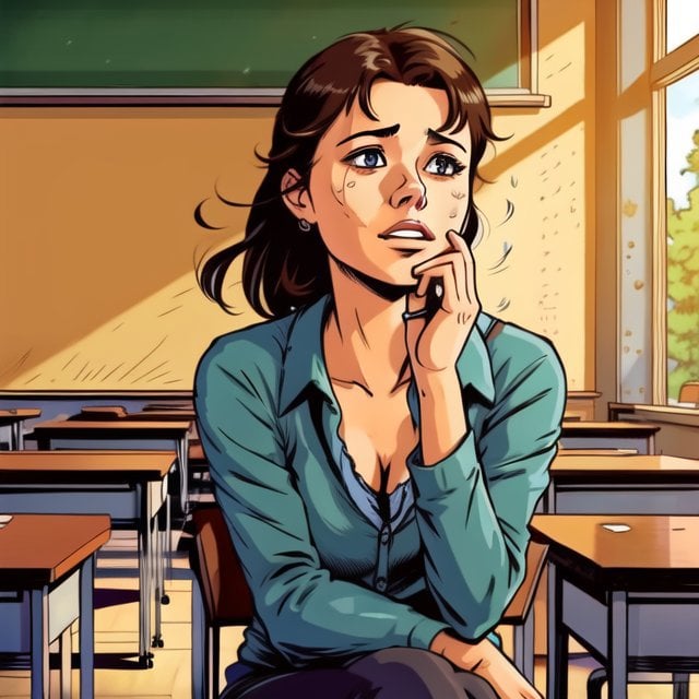 a beautiful woman crying inside a classroom