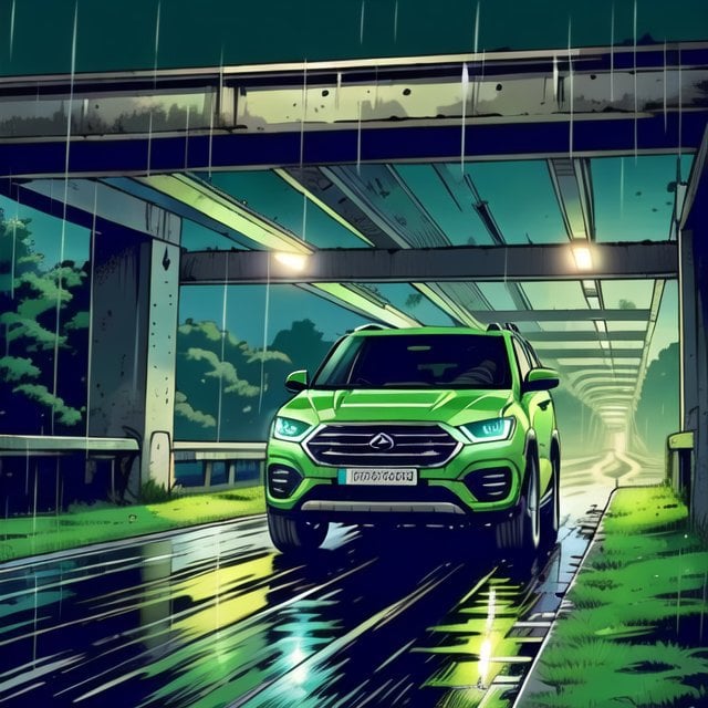 a modern suv, under a bridge, green colour, night time, rainy weather