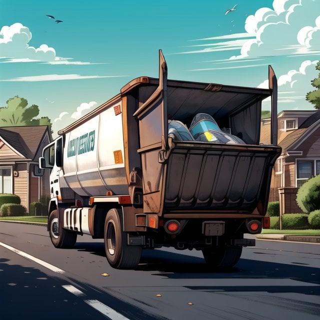 a garbage truck in the suburbs