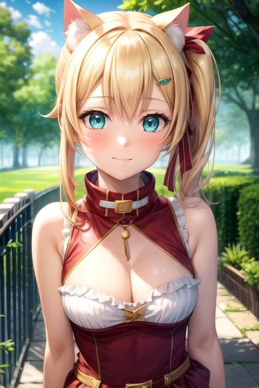 masterpiece, best quality, illustration, 1girl, solo, looking at viewer, , , ligne claire, , <lora:emma_brightness:0.66>, emma_brightness, blonde hair, aqua eyes, , , ribbon, side ponytail, cat costume, science fantasy,