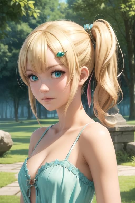 masterpiece, best quality, game cg, 1girl, solo, looking at viewer, upper body, , , , <lora:emma_brightness:0.68>, emma_brightness, blonde hair, aqua eyes, hair ornament, , , side ponytail, , Fairyland: A place where fairies and other magical creatures live, 12k resolution