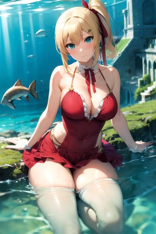 masterpiece, best quality, wallpaper, 1girl, solo, looking at viewer, , depth of field, , realistic, <lora:emma_brightness:0.68>, emma_brightness, blonde hair, aqua eyes, hair ornament, , ribbon, side ponytail, vampire costume, Atlantis: A lost city of great wisdom and power, now drowned beneath the sea,