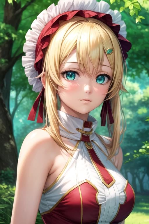 masterpiece, best quality, photorealistic, 1girl, solo, looking at viewer, , , anime coloring, , <lora:emma_brightness:0.70>, emma_brightness, blonde hair, aqua eyes, hair ornament, bare shoulders, , bangs, couture, bonnet, fantasy, High definition