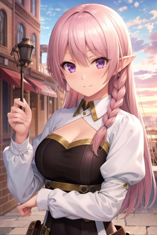 masterpiece, best quality, game cg, 1girl, solo, looking at viewer, upper body, depth of field, , realistic, <lora:luna_heela:0.72>, luna_heela, pink hair, purple eyes, braid, pointy ears, , steampunk, 8k resolution