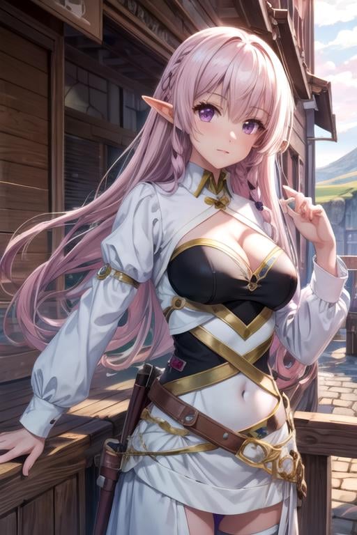 masterpiece, best quality, game cg, 1girl, solo, looking at viewer, , depth of field, , , <lora:luna_heela:0.68>, luna_heela, pink hair, purple eyes, , elf, top, , The Isle of the Dragon, 32k resolution