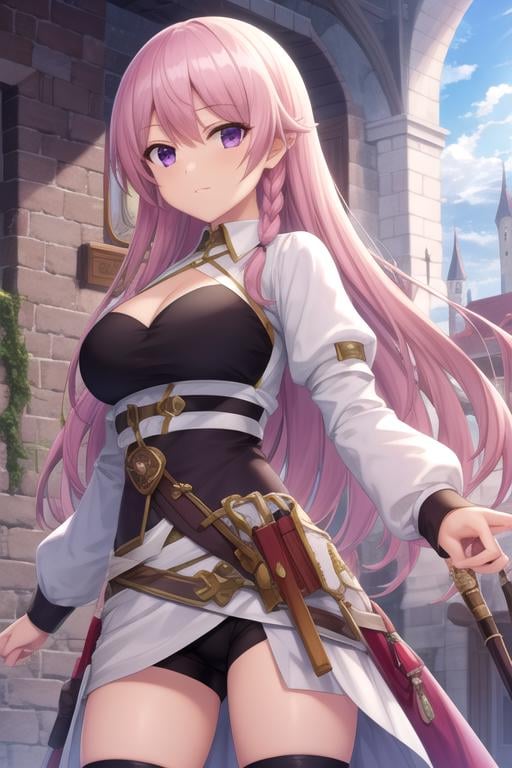 masterpiece, best quality, game cg, 1girl, solo, looking at viewer, , , ligne claire, , <lora:luna_heela:0.66>, luna_heela, pink hair, purple eyes, , , , kerchief, The Castle of Shadows, 32k resolution