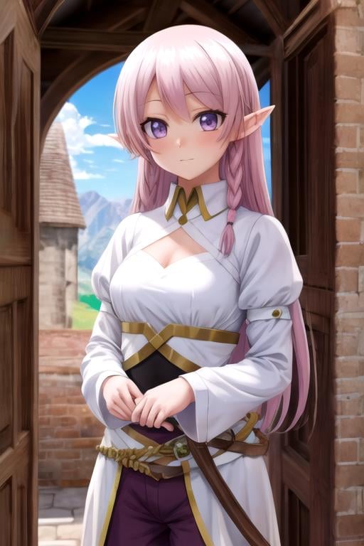 masterpiece, best quality, sketch, 1girl, solo, looking at viewer, , depth of field, anime coloring, realistic, <lora:luna_heela:0.68>, luna_heela, pink hair, purple eyes, , elf, , , medieval europe, HDR