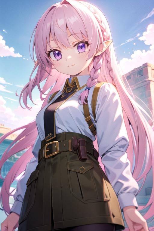 masterpiece, best quality, movie still, 1girl, solo, looking at viewer, , , , , <lora:luna_heela:0.70>, luna_heela, pink hair, purple eyes, braid, pointy ears, camo costume, aztec,