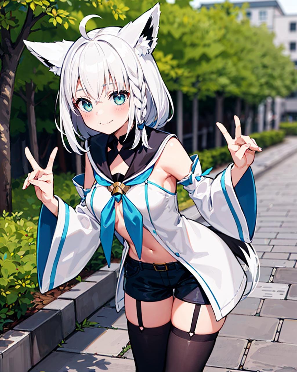 1girl, solo, park, tree, cobblestone road, cowboy shot, (double fox shadow puppet), leaning forward, fubukidefault, white blouse, [[midriff peek]], detached sleeves, black short shorts, blue neckerchief, thigh strap, single thighhigh, fox tail, single side braid, ahoge, white hair, smile <lora:fubuki-10:1>