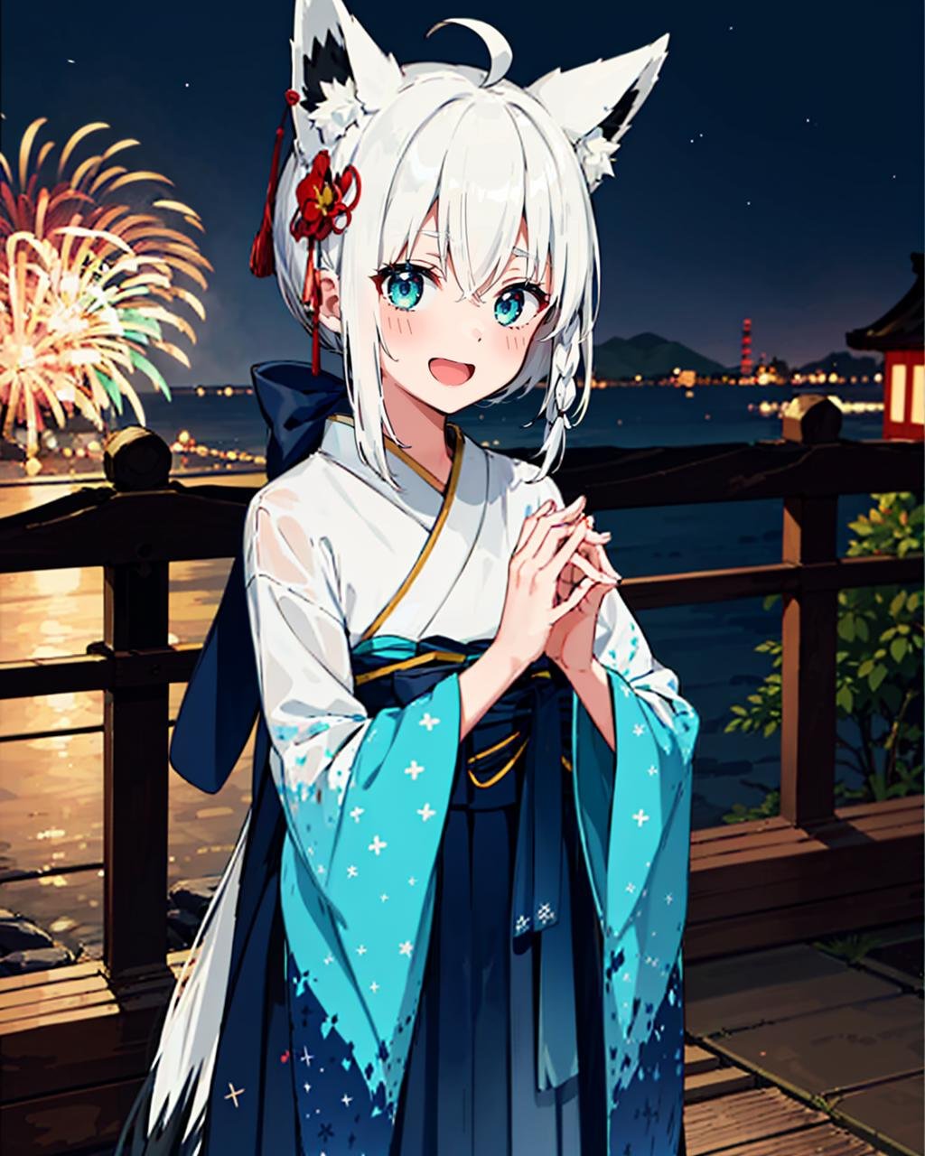 1girl, solo, japanese town, japanese architecture, night, fireworks, cowboy shot, :D, (own hands together), fubukinewyears, white kimono, blue bow, blue hakama, japanese clothes, hair flower, white hair, single side braid, ahoge, fox tail<lora:fubuki-10:1> <lora:noise offset:1> 