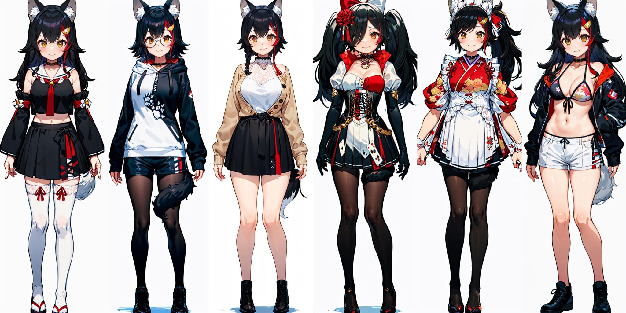 1girl, solo, (white background:1.4), simple background, standing, full body, smile, miodefault, long hair, hair ornament, sailor collar, black shirt, black skirt, detached sleeves, midriff, kouhaku nawa, (white thighhighs:1.2), milf, mature female, tall, curvy, wolf tail <lora:ookami mio 6 outfits:1>