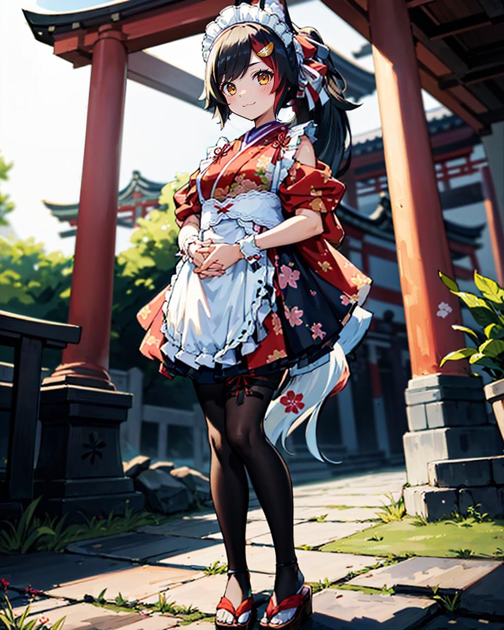 1girl, solo, japanese architecture, torii, pond, dusk, full body, own hands together, :\3, mionewyears, ponytail, hair ornament, red kimono, flower print, white apron, frills, wrist cuffs, maid headdress, black pantyhose, wolf tail, mature female, milf, tall, curvy<lora:ookami mio 6 outfits:1>