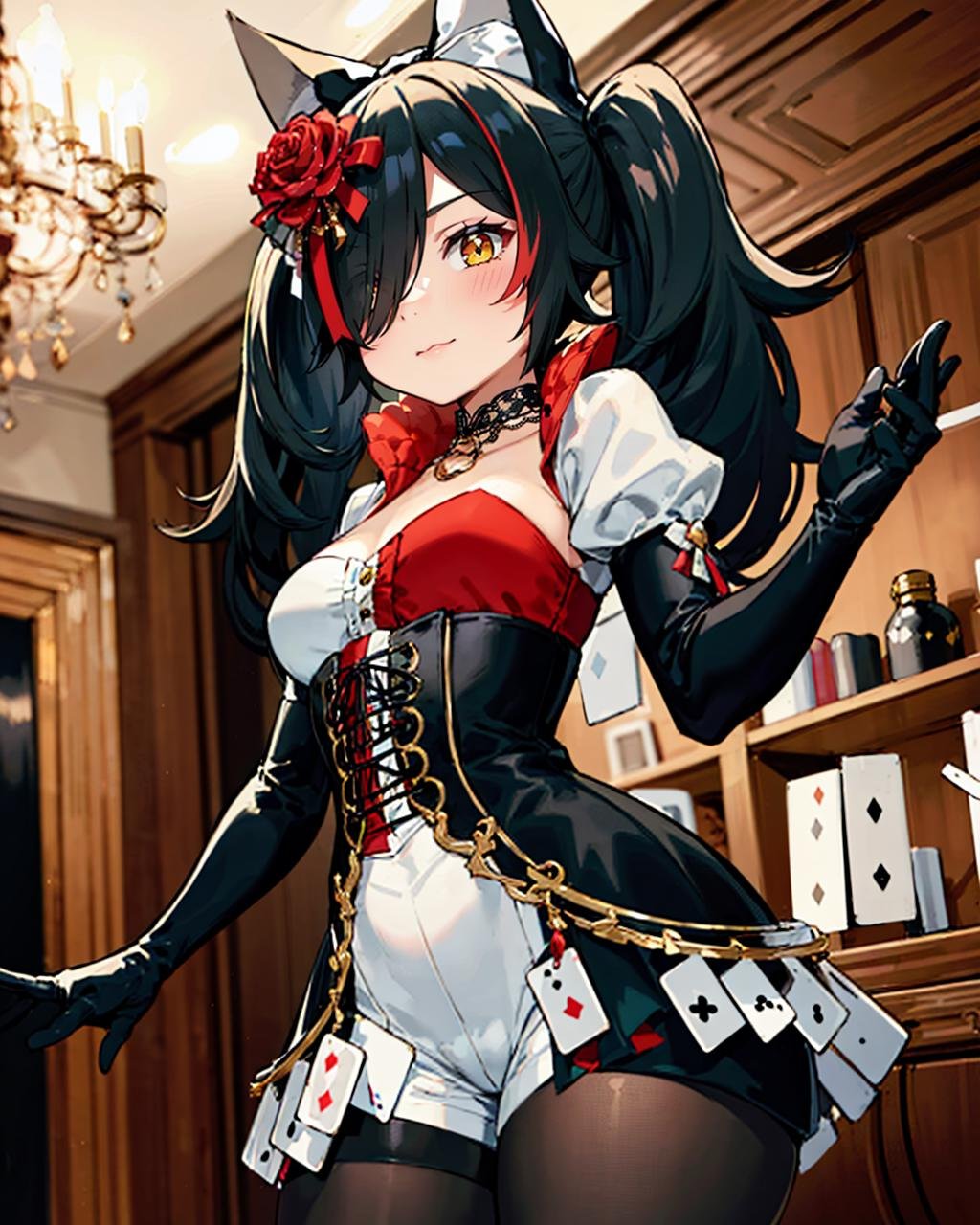1girl, solo, indoors, elegant, chandelier, stage lights, opera, theater, cowboy shot, miofancy, hair over one eye, (twintails:1.2), white dress, playing card, black skirt, elbow gloves, corset, short puffy sleeves, black pantyhose, hair flower, hair bow, wolf tail, mature female, milf, tall, curvy<lora:ookami mio 6 outfits:1>
