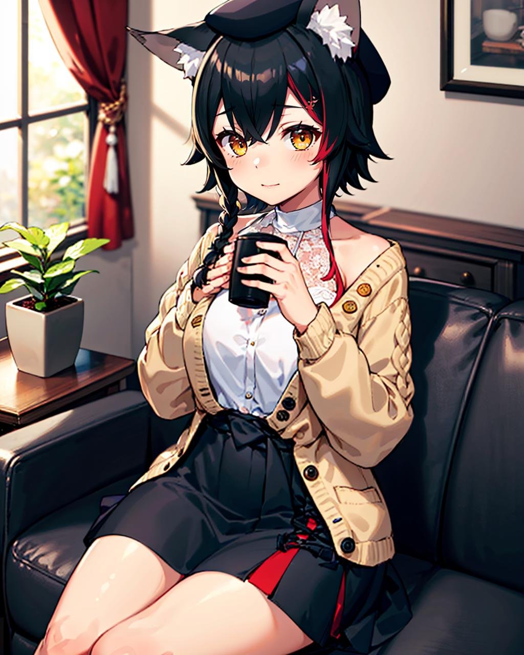 1girl, solo, indoors, living room, couch, table, fireplace, (comfy, cozy), sitting, (holding cup with both hands), miocasual, short hair, side braid, brown cardigan, open cardigan, white shirt, high-waist black skirt, beret, wolf tail, mature female, milf, tall, curvy<lora:ookami mio 6 outfits:1>