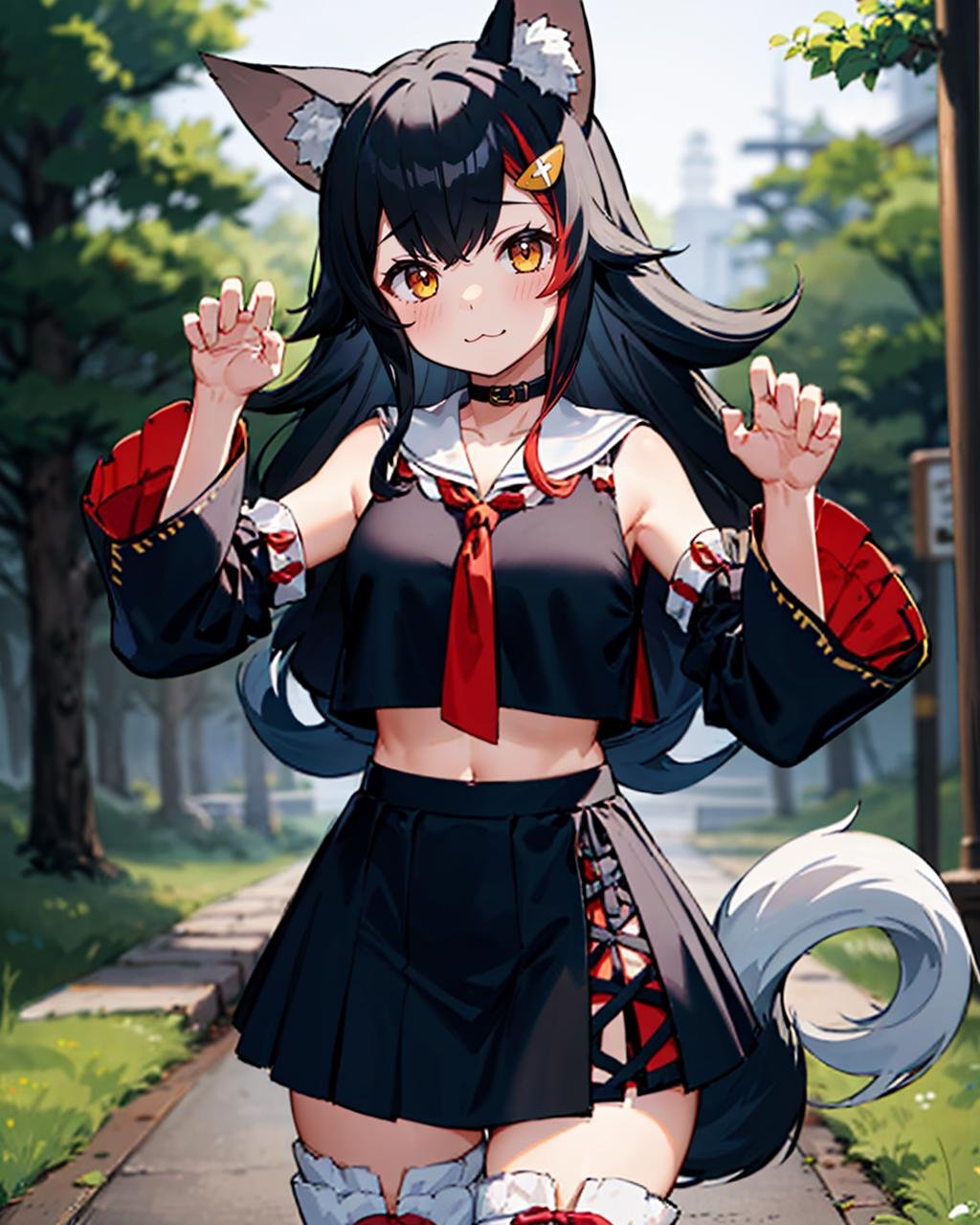 1girl, solo, forest, trees, fog, paw pose, :\3, miodefault, long hair, hair ornament, sailor collar, black shirt, black skirt, detached sleeves, midriff, kouhaku nawa, (white thighhighs:1.2), milf, mature female, tall, curvy, wolf tail <lora:ookami mio 6 outfits:1>